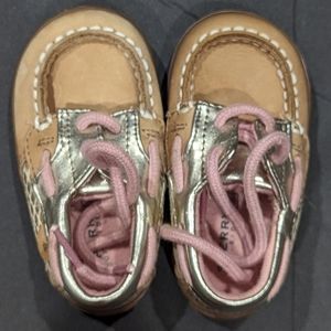 Girls Sperry Top Slider, 2mon, pink, silver and brown.